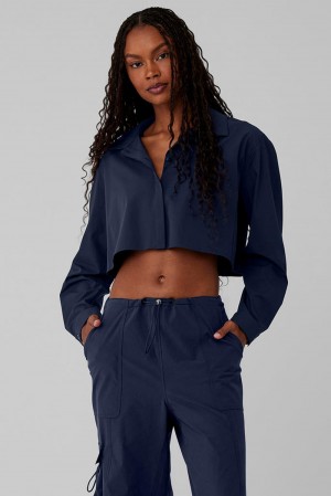 Camisa Recortada Alo Yoga Take Me Out Button Up Mujer Azul Marino | España VKPZ-12406