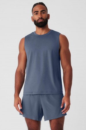 Camiseta Sin Mangas Running Alo Yoga Conquer Muscle Hombre Bluestone | España VIJF-24703