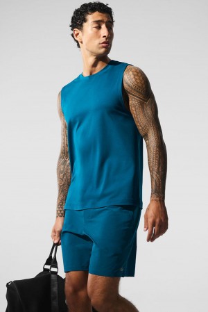Camiseta Sin Mangas Running Alo Yoga Conquer Muscle Hombre Azules | España IRCQ-09573