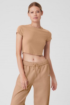 Camisetas Running Alo Yoga Ribbed Sea Coast Cropped Sleeve Mujer Toasted Almond | España ZNSM-58930