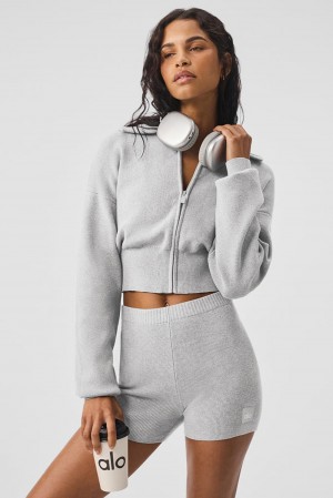 Chaquetas Alo Yoga Scholar Knit Cropped Full Zip Mujer Gris | España UQWX-70139