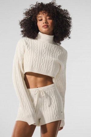 Manga Larga Alo Yoga Cable Knit Cropped Winter Bliss Turtleneck Mujer Ivory | España SYKD-69580