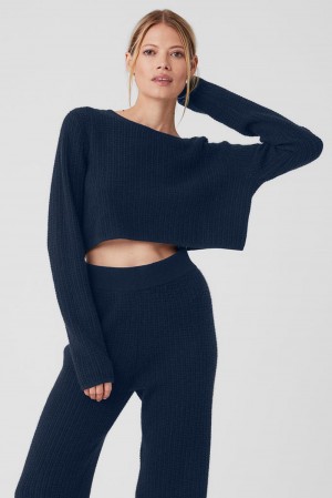 Manga Larga Alo Yoga Cashmere Plush Waffle Cropped Mujer Azul Marino | España QOXM-69380