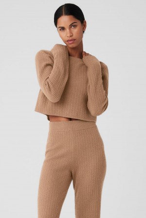 Manga Larga Alo Yoga Cashmere Plush Waffle Cropped Mujer Toasted Almond | España EAFH-51930
