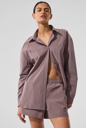 Manga Larga Alo Yoga Pinstripe Daylight Button Down Mujer Mushroom / Ivory | España TRIZ-75864