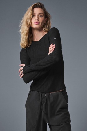 Manga Larga Alo Yoga Ribbed Sea Coast Mujer Negras | España HTRX-46792