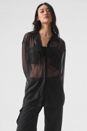 Manga Larga Alo Yoga Sheer Effusion Button Down Mujer Negras | España VLUS-30619
