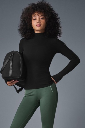 Manga Larga Alo Yoga Wellness Rib Mock Neck Mujer Negras | España RJAB-38590