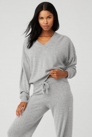 Pullover Alo Yoga Cashmere Jet Set V-Neck Mujer Gris | España IHJL-59461