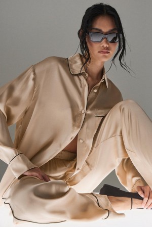 Ropa Interior Alo Yoga Courchevel Silk Button Down Mujer Negras | España CUXB-76134