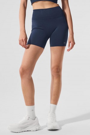 Short Alo Yoga 5" Seamless Ribbed Favorite Mujer Azul Marino | España KMXF-01987