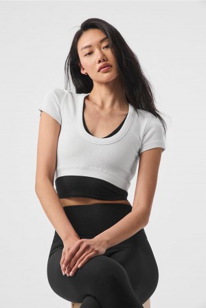 Short Sleeve Alo Yoga Seamless Ribbed Cropped Serene Mujer Blancas | España MVBI-59713