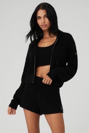 Sudadera con Capucha Alo Yoga Cashmere Plush Waffle Full Zip Mujer Negras | España DZRJ-27416
