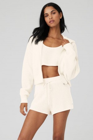 Sudadera con Capucha Alo Yoga Cashmere Plush Waffle Full Zip Mujer Ivory | España MBJL-50139