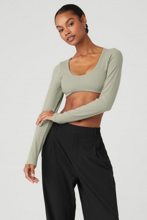 Sujetador Deportivo Alo Yoga Ribbed Defined Long Sleeve Mujer Limestone | España BQPT-78359