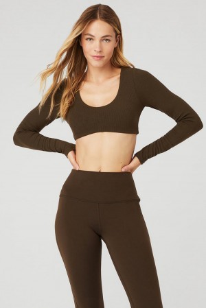 Sujetador Deportivo Alo Yoga Ribbed Defined Long Sleeve Mujer Espresso | España ATOP-72156