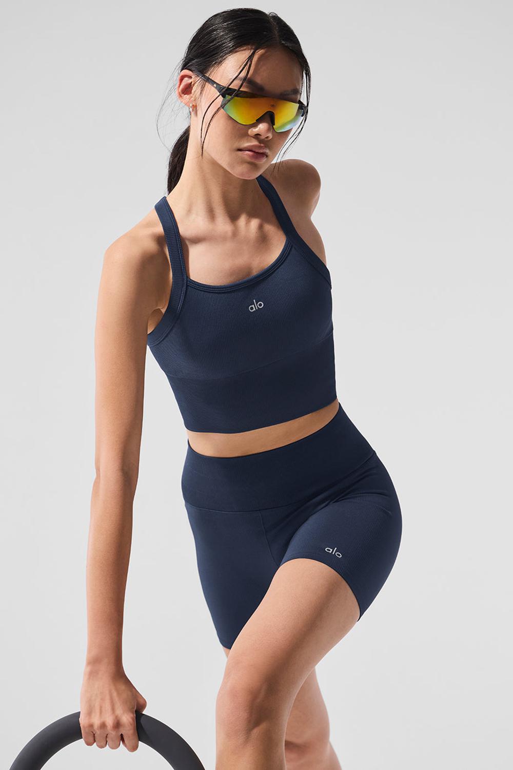 Bra Tank Alo Yoga Seamless Ribbed Favorite Mujer Azul Marino | España  EFPM-80654