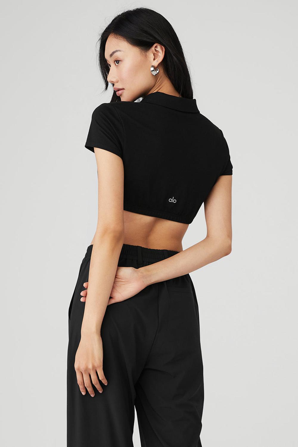 Camisa Polo Alo Yoga Cropped Prestige Polo Mujer Negras | España  TCAZ-26175