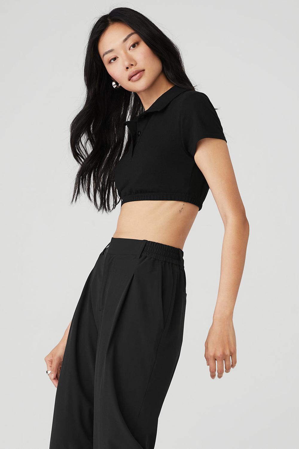 Camisa Polo Alo Yoga Cropped Prestige Polo Mujer Negras | España  TCAZ-26175