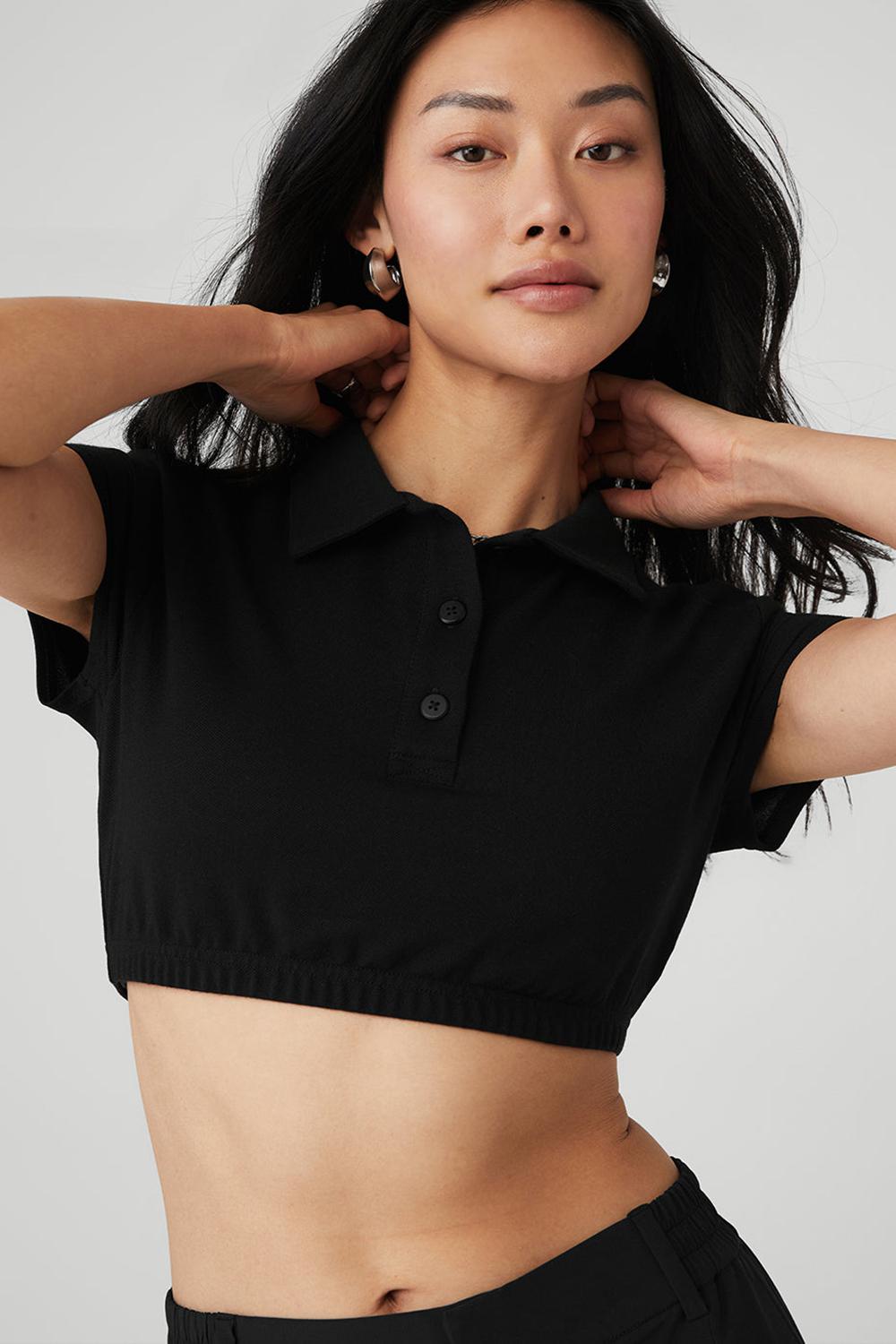 Camisa Polo Alo Yoga Cropped Prestige Polo Mujer Negras | España  TCAZ-26175