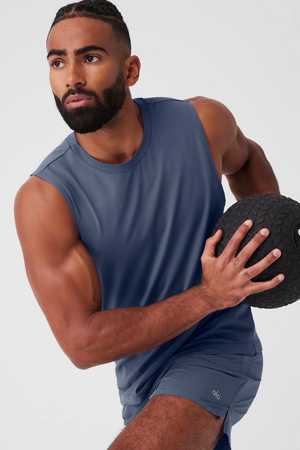 Camiseta Sin Mangas Running Alo Yoga Conquer Muscle Hombre Bluestone | España  VIJF-24703