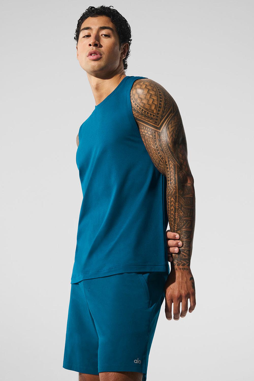 Camiseta Sin Mangas Running Alo Yoga Conquer Muscle Hombre Azules | España  IRCQ-09573