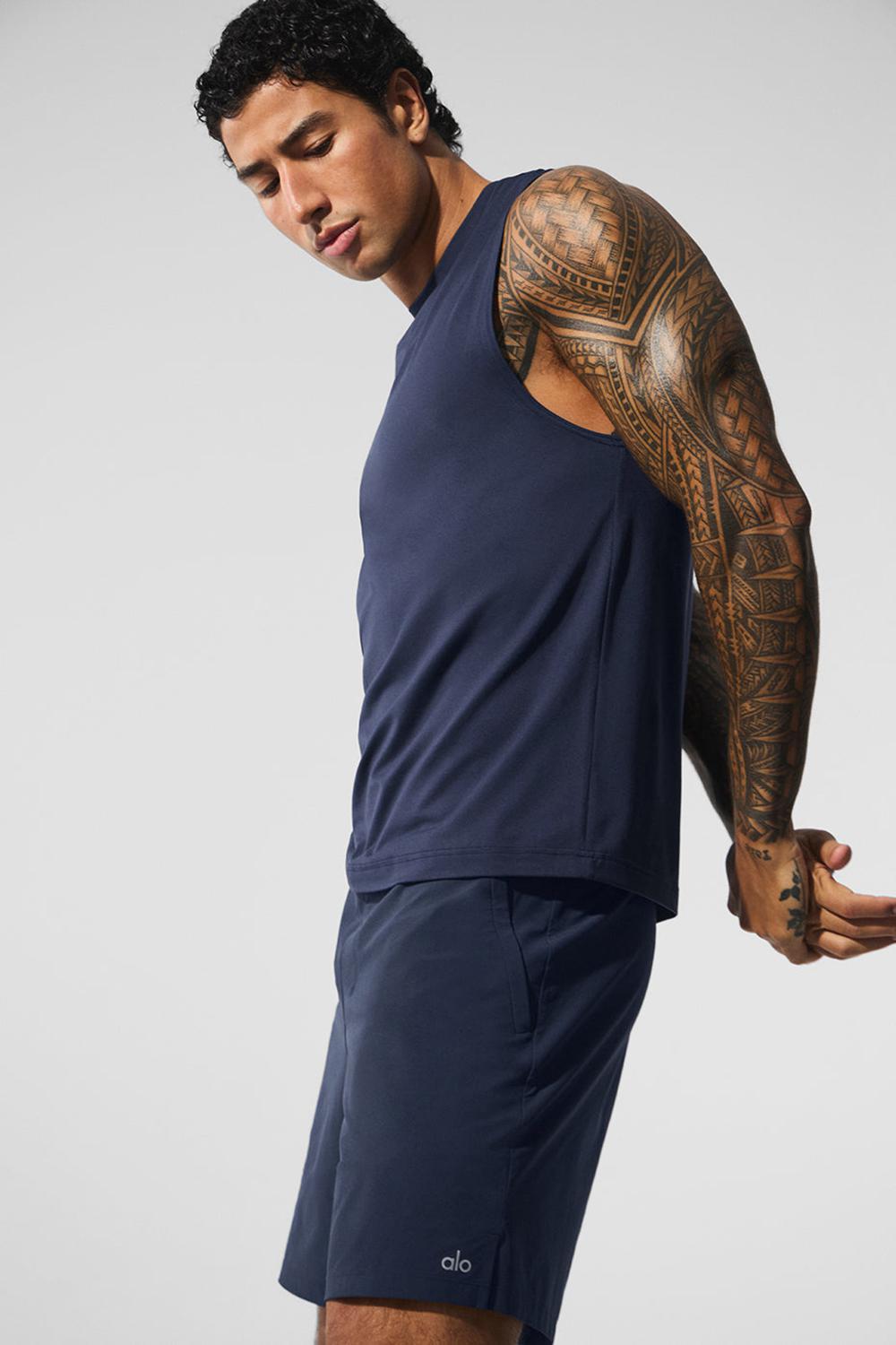 Camiseta Sin Mangas Running Alo Yoga Conquer Muscle Hombre Azul Marino | España  PZXW-95473