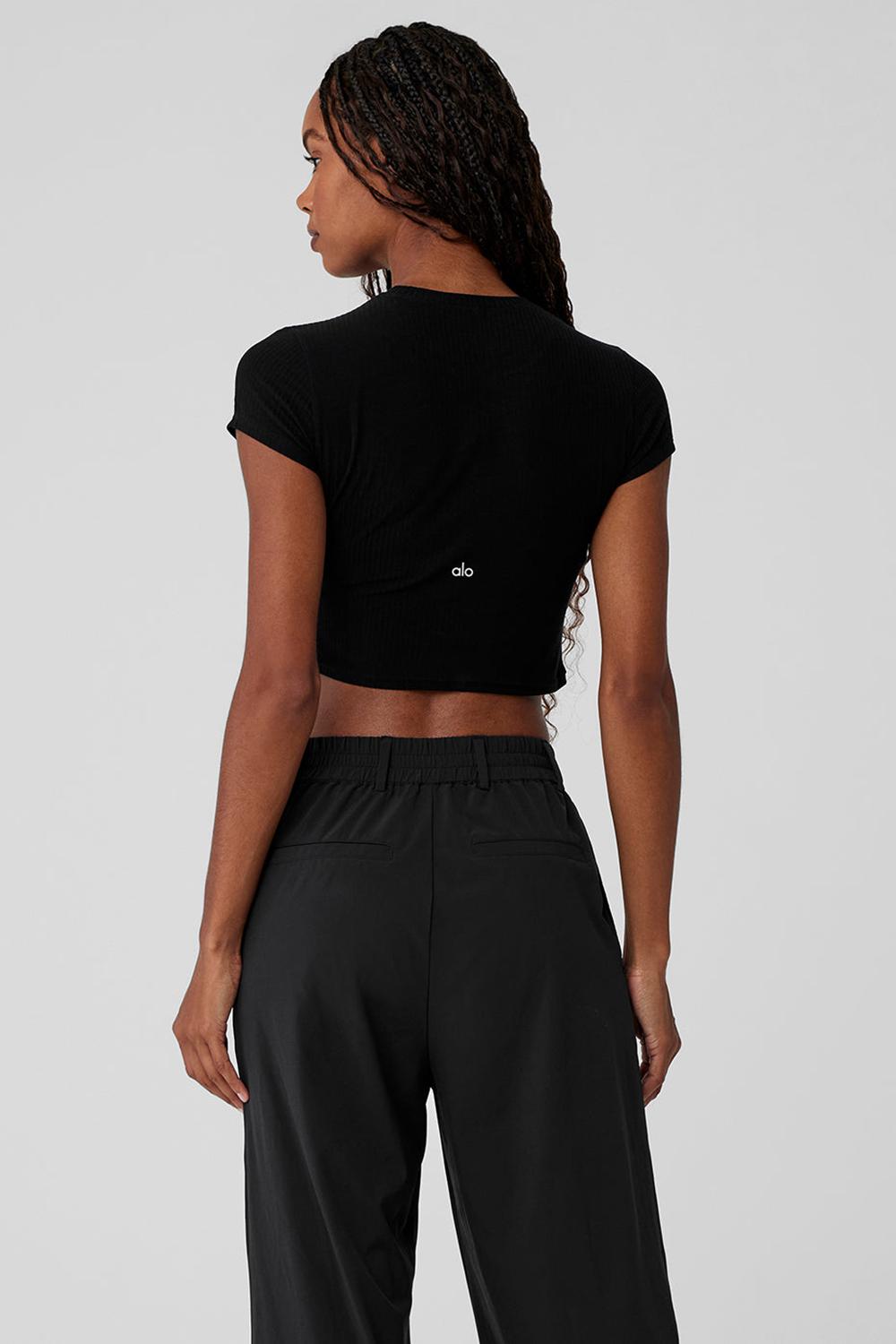 Camisetas Running Alo Yoga Ribbed Sea Coast Cropped Sleeve Mujer Negras | España  ZIXB-63182