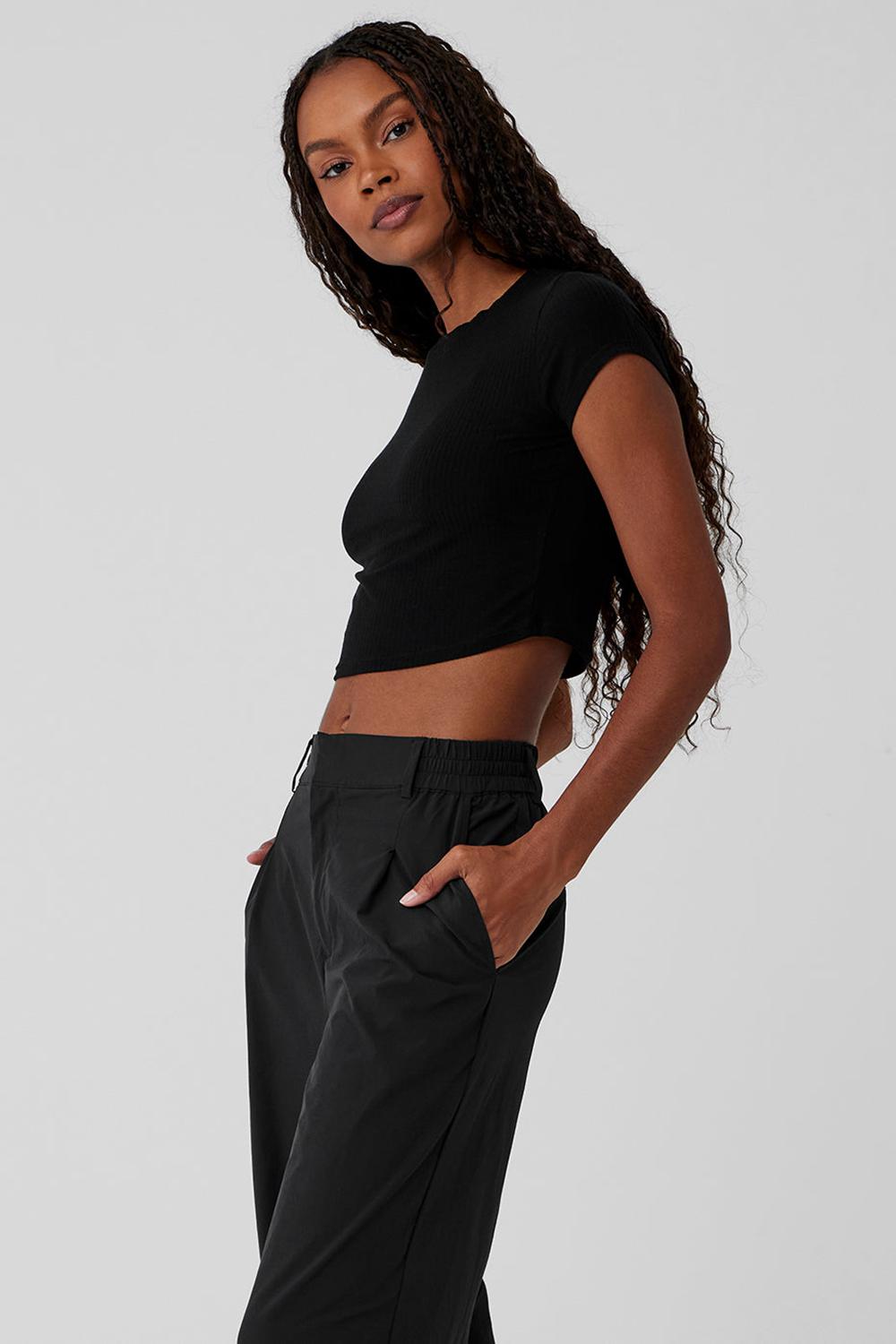 Camisetas Running Alo Yoga Ribbed Sea Coast Cropped Sleeve Mujer Negras | España  ZIXB-63182