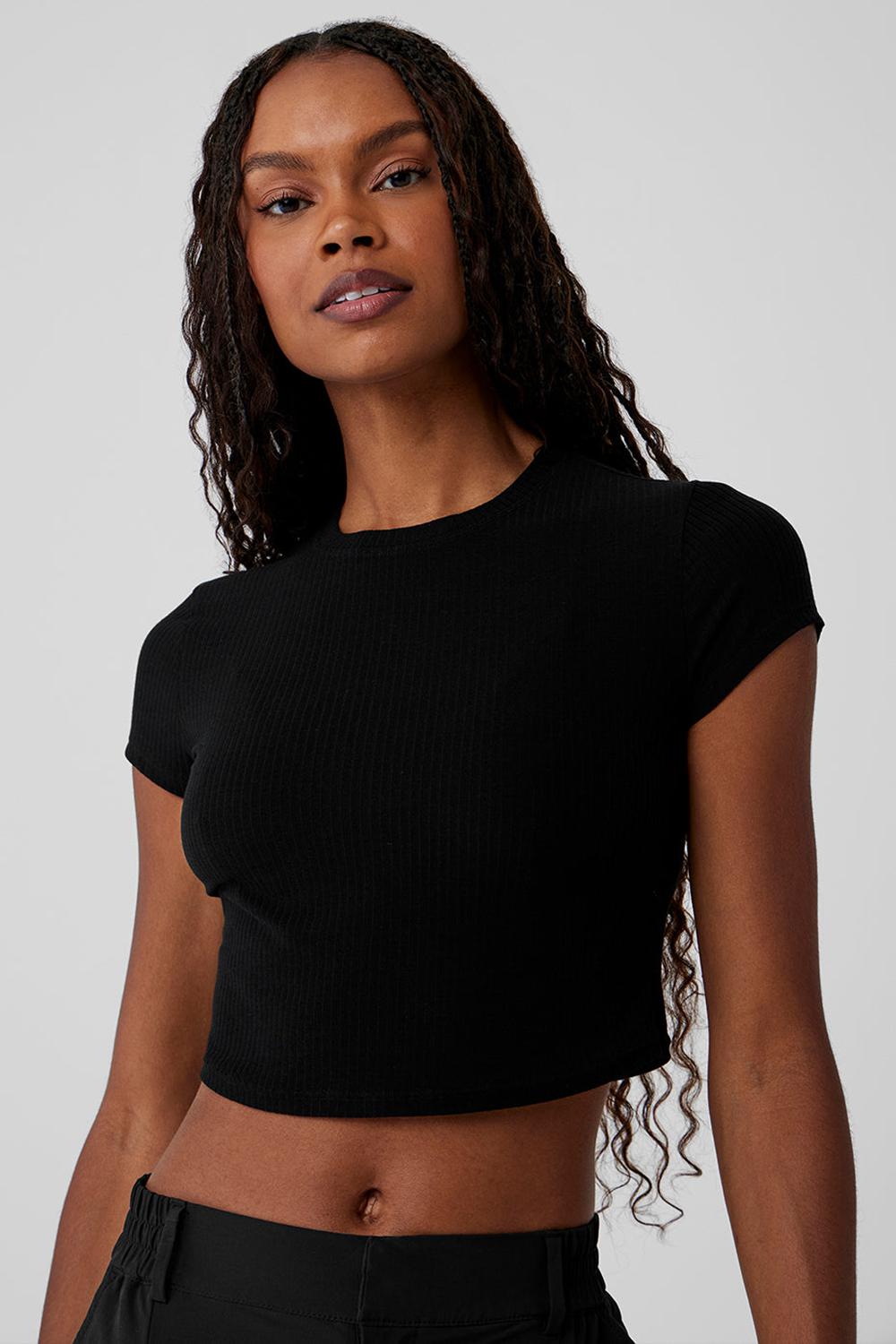 Camisetas Running Alo Yoga Ribbed Sea Coast Cropped Sleeve Mujer Negras | España  ZIXB-63182