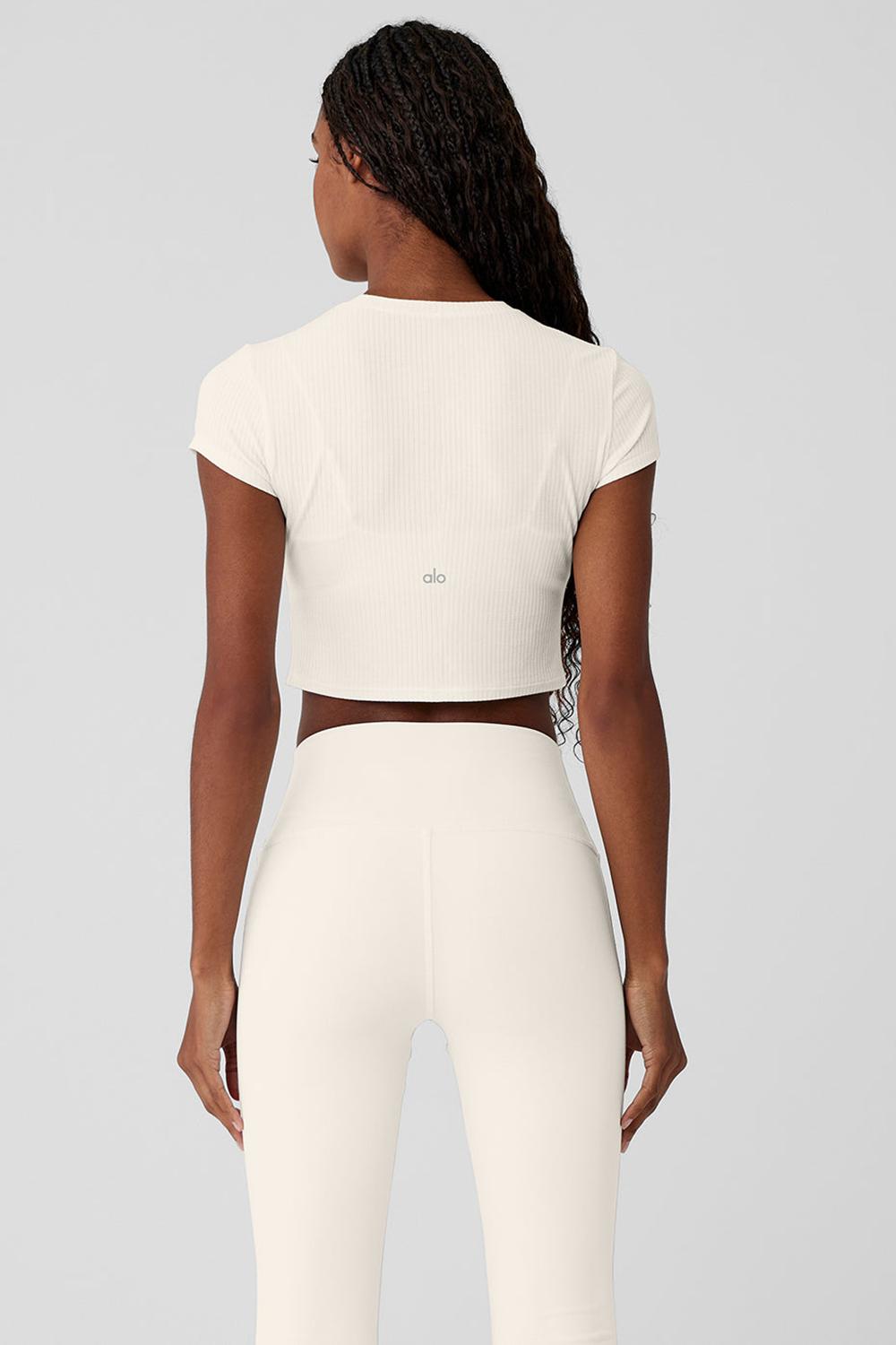 Camisetas Running Alo Yoga Ribbed Sea Coast Cropped Sleeve Mujer Ivory | España  GUDN-53128