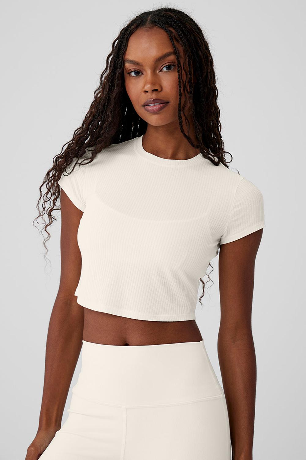Camisetas Running Alo Yoga Ribbed Sea Coast Cropped Sleeve Mujer Ivory | España  GUDN-53128
