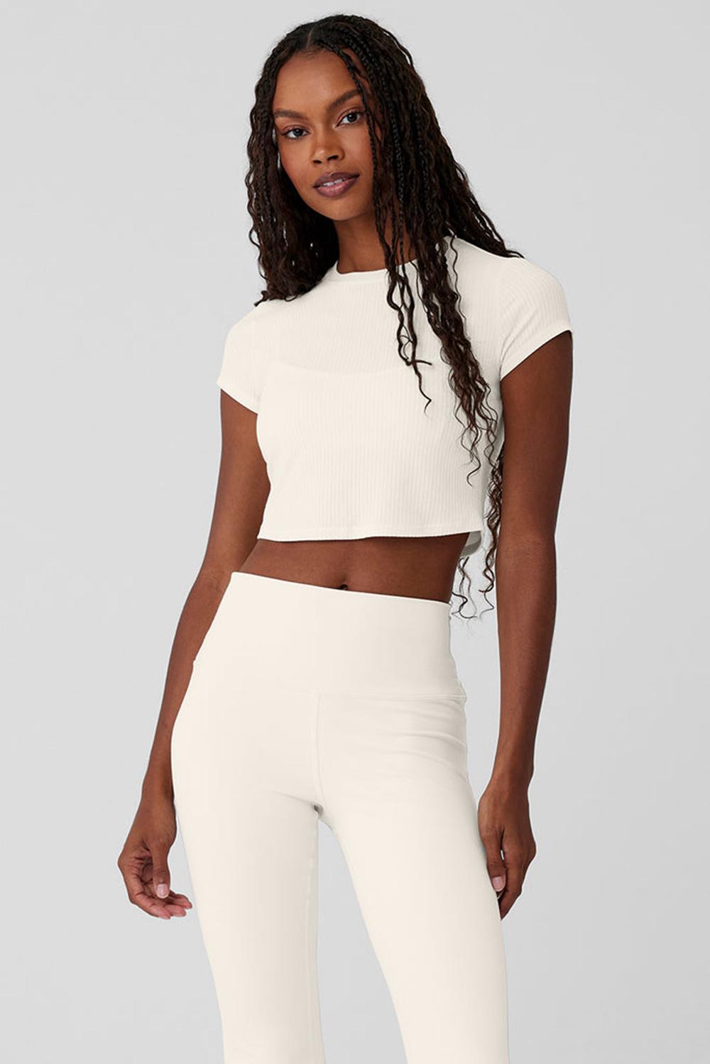 Camisetas Running Alo Yoga Ribbed Sea Coast Cropped Sleeve Mujer Ivory | España  GUDN-53128