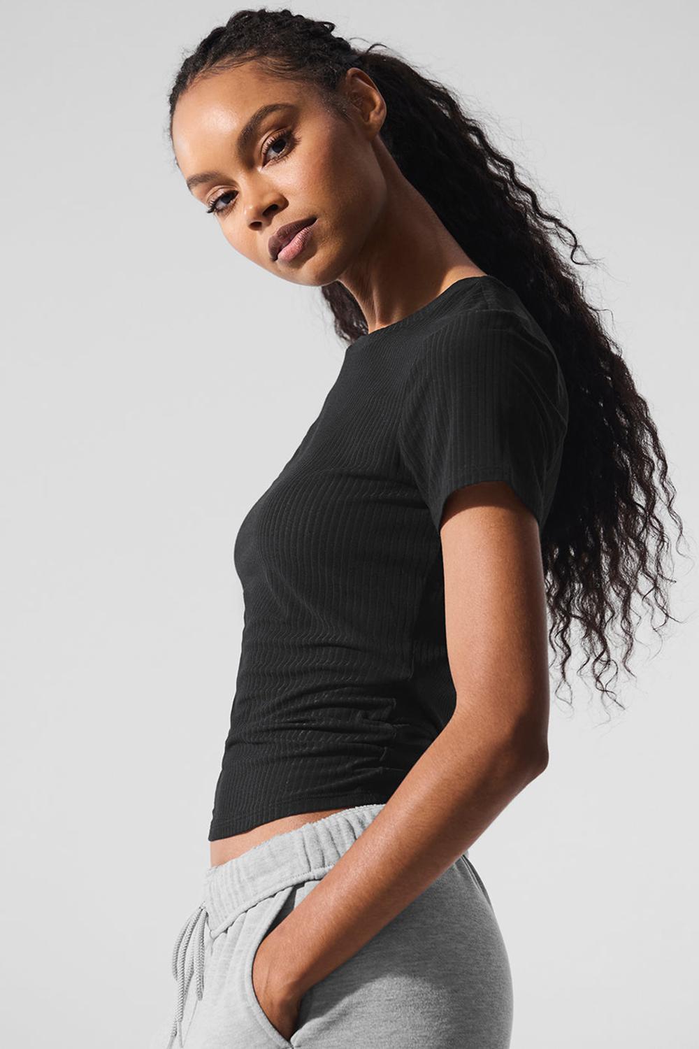 Camisetas Running Alo Yoga Ribbed Sea Coast Mujer Negras | España  OBKJ-42071