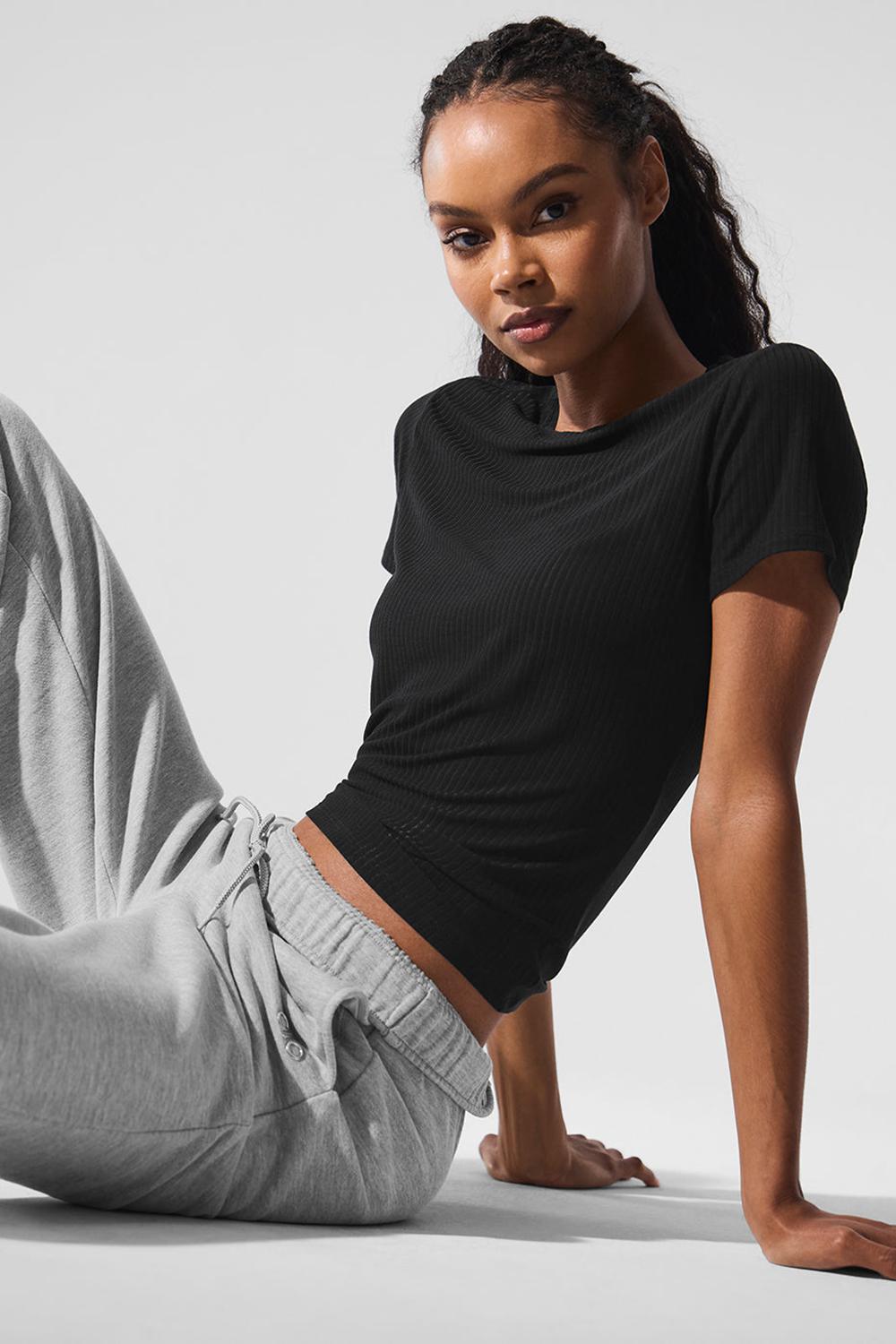 Camisetas Running Alo Yoga Ribbed Sea Coast Mujer Negras | España  OBKJ-42071