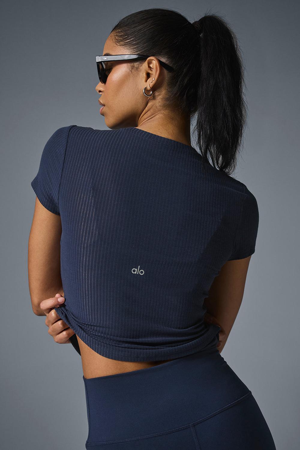 Camisetas Running Alo Yoga Ribbed Sea Coast Mujer Azul Marino | España  PLBD-97305