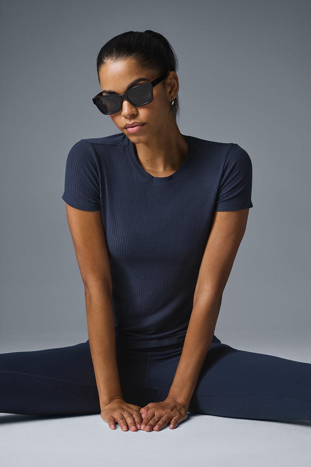Camisetas Running Alo Yoga Ribbed Sea Coast Mujer Azul Marino | España  PLBD-97305