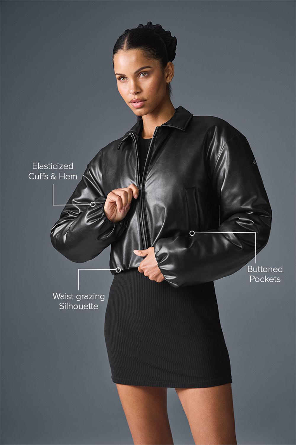 Chaqueta Bomber Alo Yoga Faux Leather Cropped Premier Mujer Negras | España  FPQK-41853