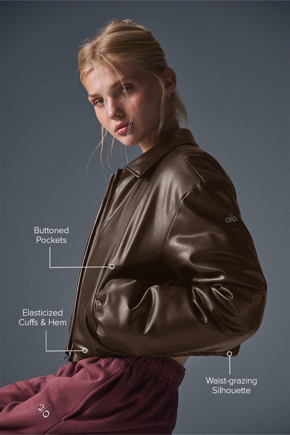Chaqueta Bomber Alo Yoga Faux Leather Cropped Premier Mujer Espresso | España  TBOK-08725