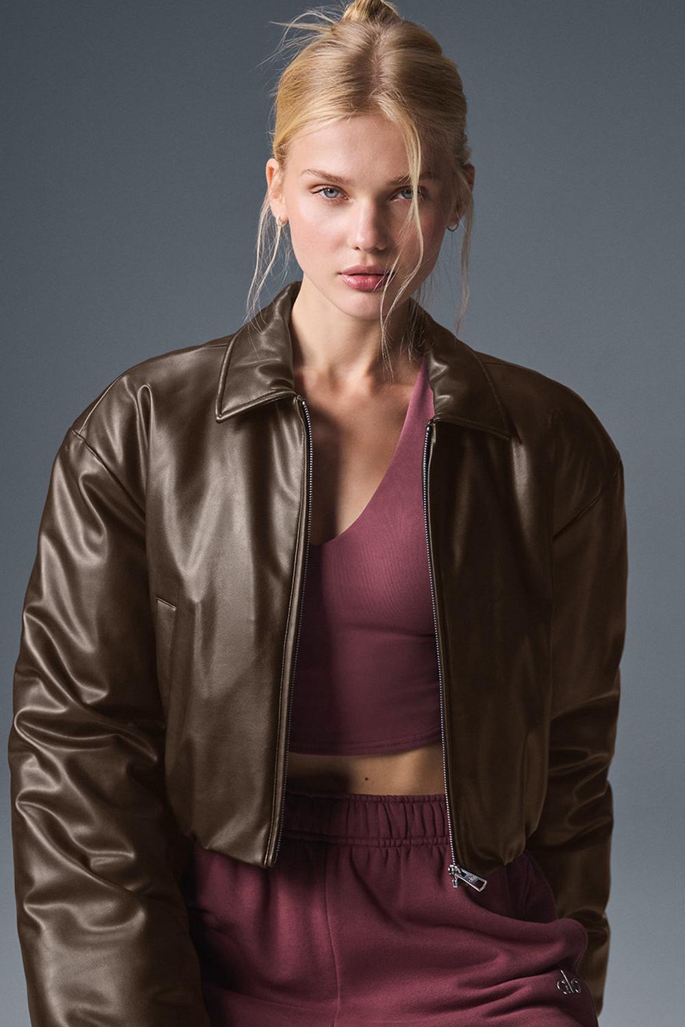 Chaqueta Bomber Alo Yoga Faux Leather Cropped Premier Mujer Espresso | España  TBOK-08725