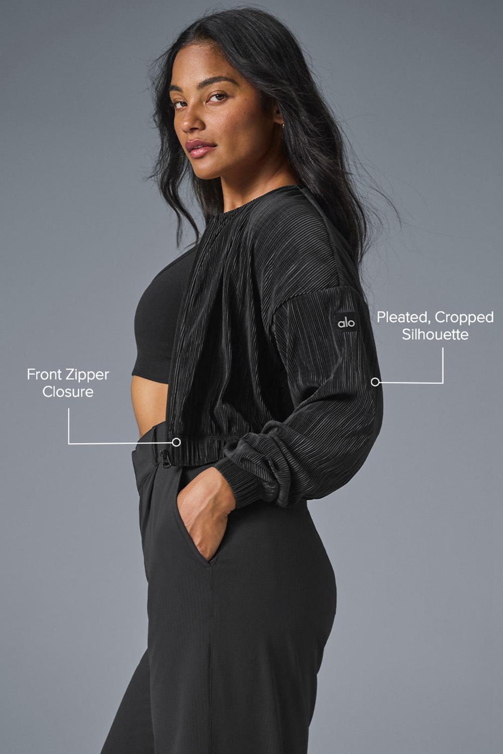 Chaquetas Alo Yoga Cropped Micro Plisse Mujer Negras | España  TZPE-40816
