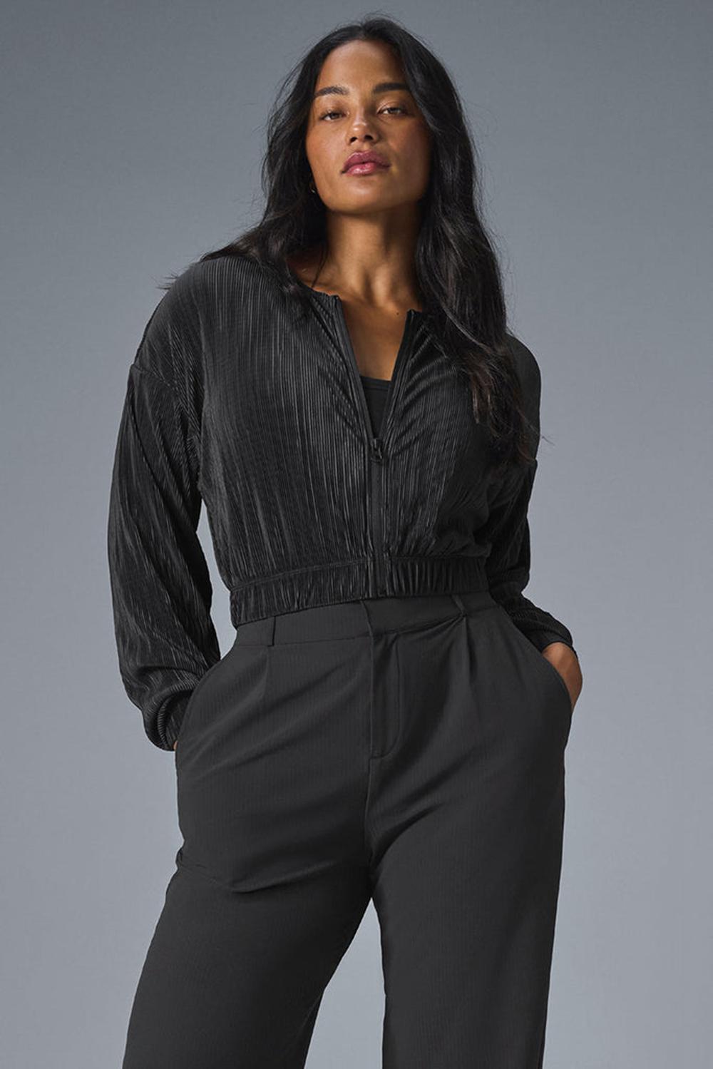 Chaquetas Alo Yoga Cropped Micro Plisse Mujer Negras | España  TZPE-40816