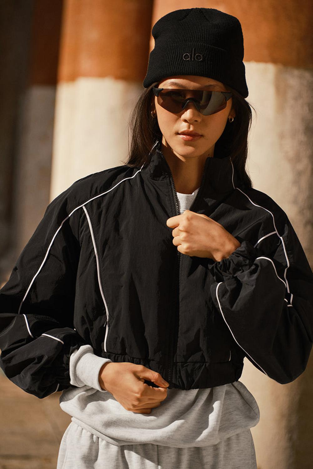 Chaquetas Alo Yoga Motivate Full-Zip Track Mujer Negras Blancas | España  VQWZ-16307