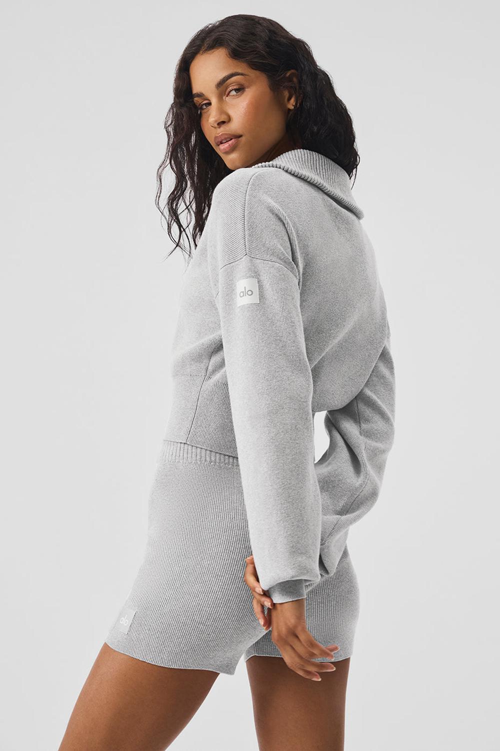 Chaquetas Alo Yoga Scholar Knit Cropped Full Zip Mujer Gris | España  UQWX-70139