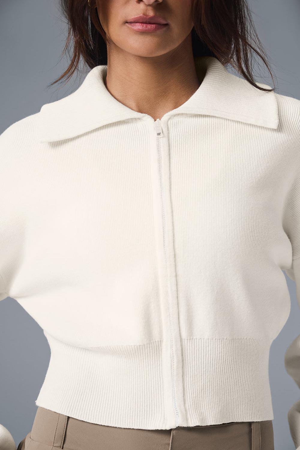 Chaquetas Alo Yoga Scholar Knit Cropped Full Zip Mujer Ivory | España  RTOG-95416