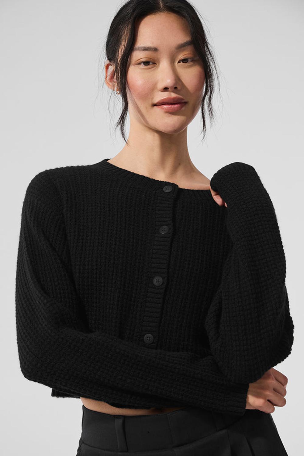 Cárdigan Alo Yoga Cashmere Plush Waffle Mujer Negras | España  MWRT-24179