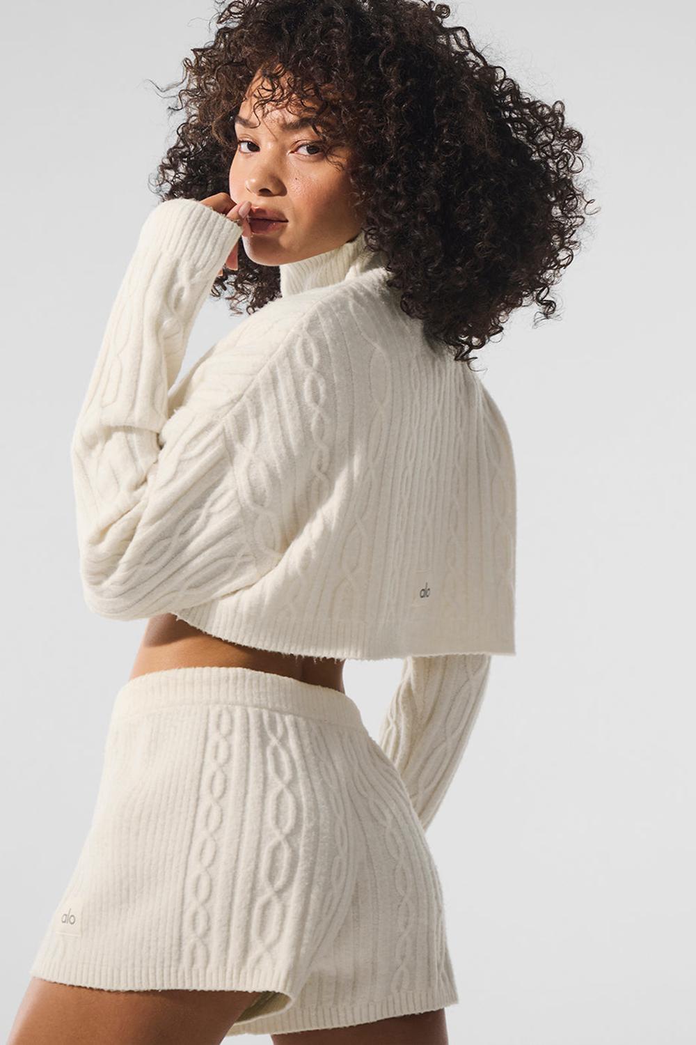 Manga Larga Alo Yoga Cable Knit Cropped Winter Bliss Turtleneck Mujer Ivory | España  SYKD-69580