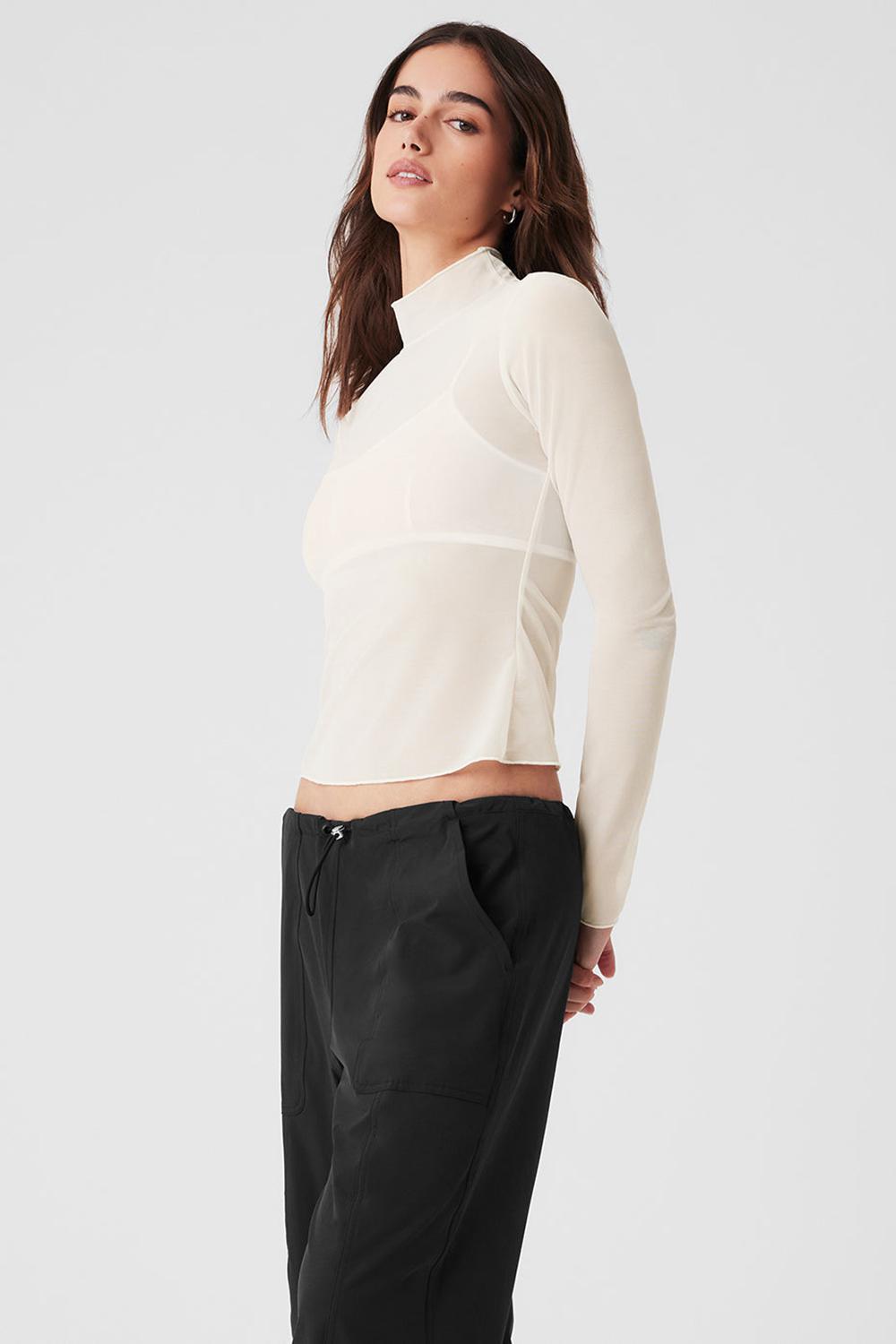 Manga Larga Alo Yoga Mesh Sheer Illusion Mock Neck Mujer Ivory | España  FMNH-07359
