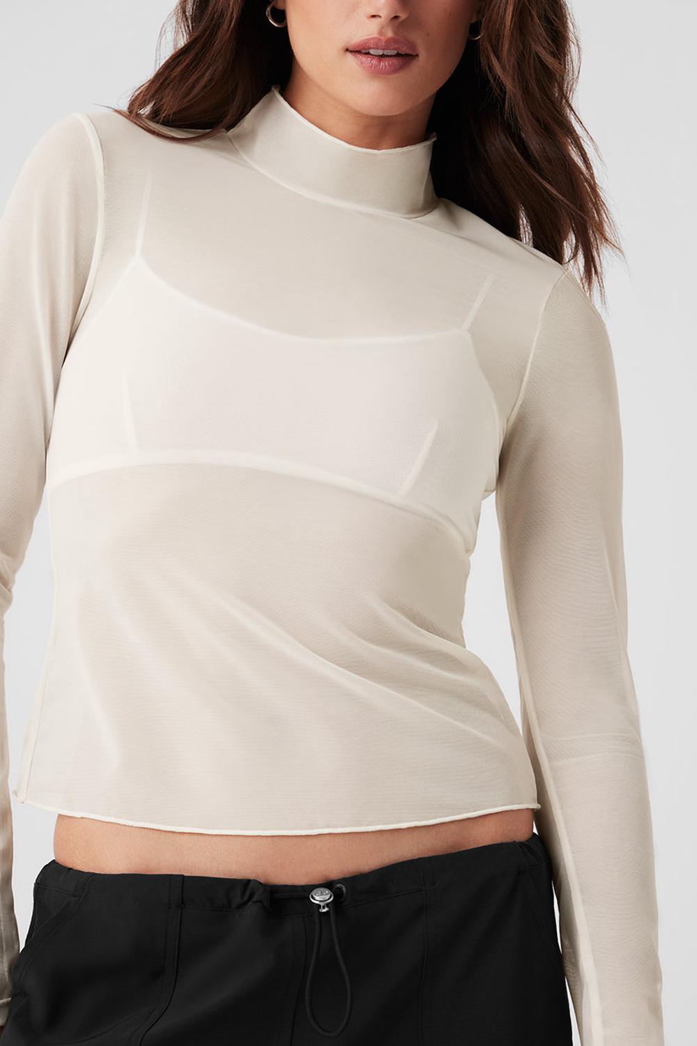 Manga Larga Alo Yoga Mesh Sheer Illusion Mock Neck Mujer Ivory | España  FMNH-07359