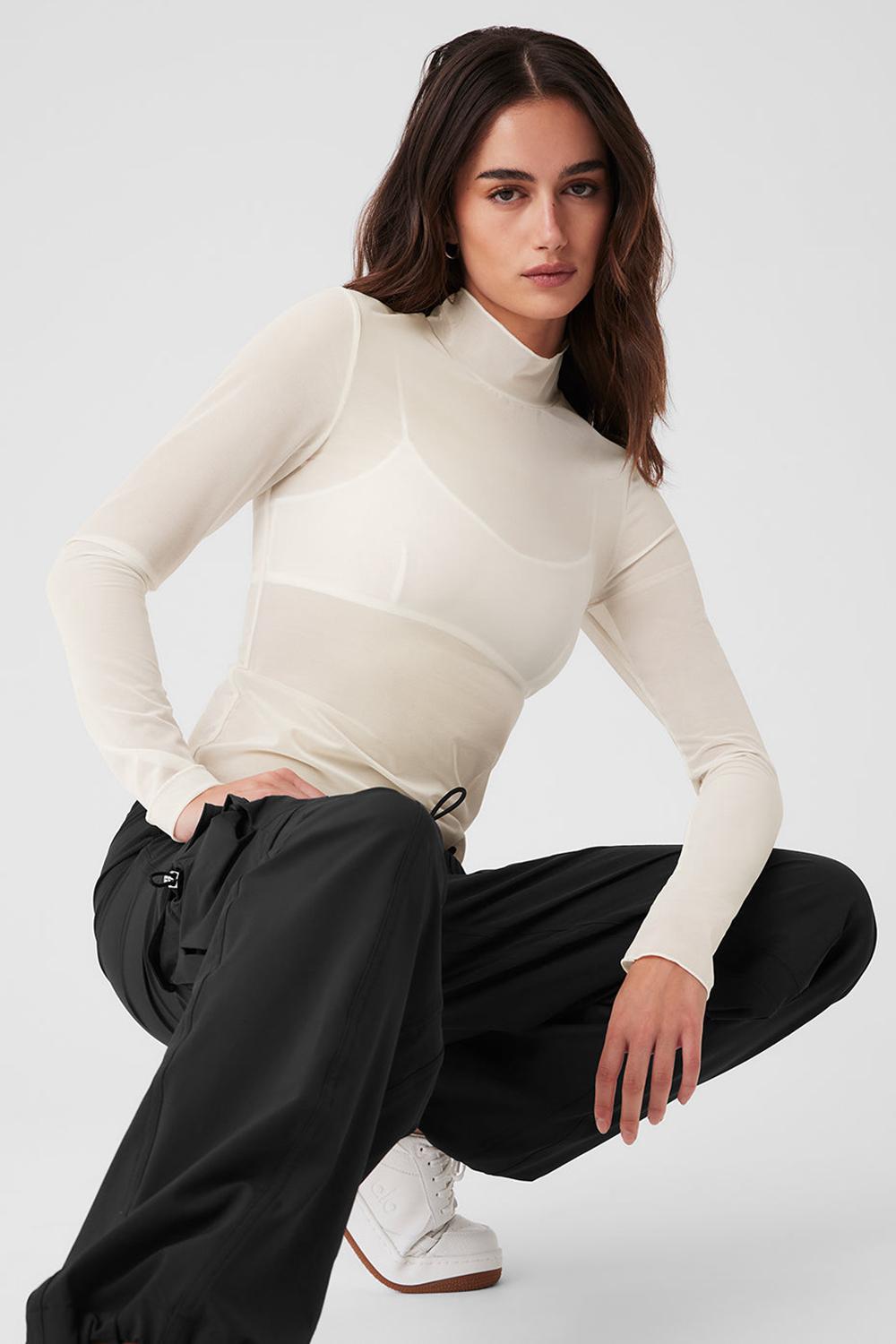 Manga Larga Alo Yoga Mesh Sheer Illusion Mock Neck Mujer Ivory | España  FMNH-07359